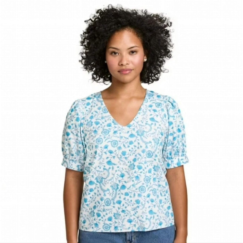 Draper James Blue Paisley‎ Floral V-Neck Puff Sleeve Cotton Blouse XXL (2X)